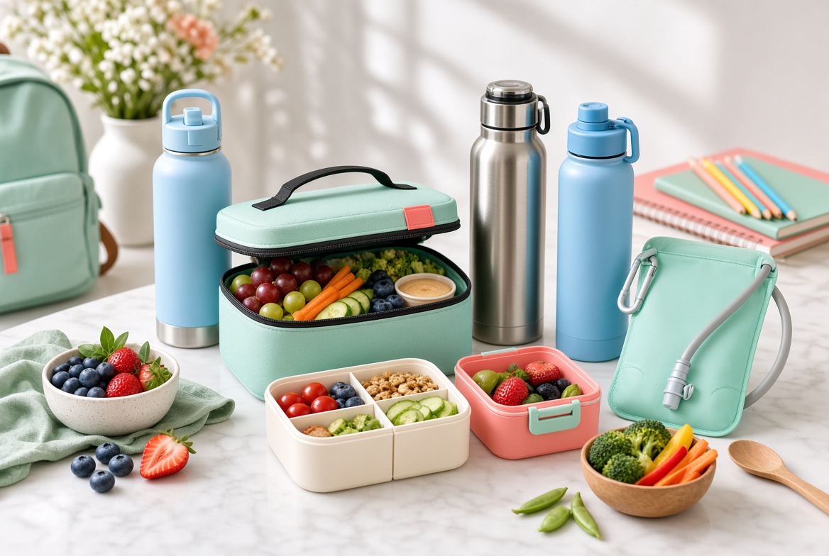 Snack and lunchbox essentials laid out on a counter